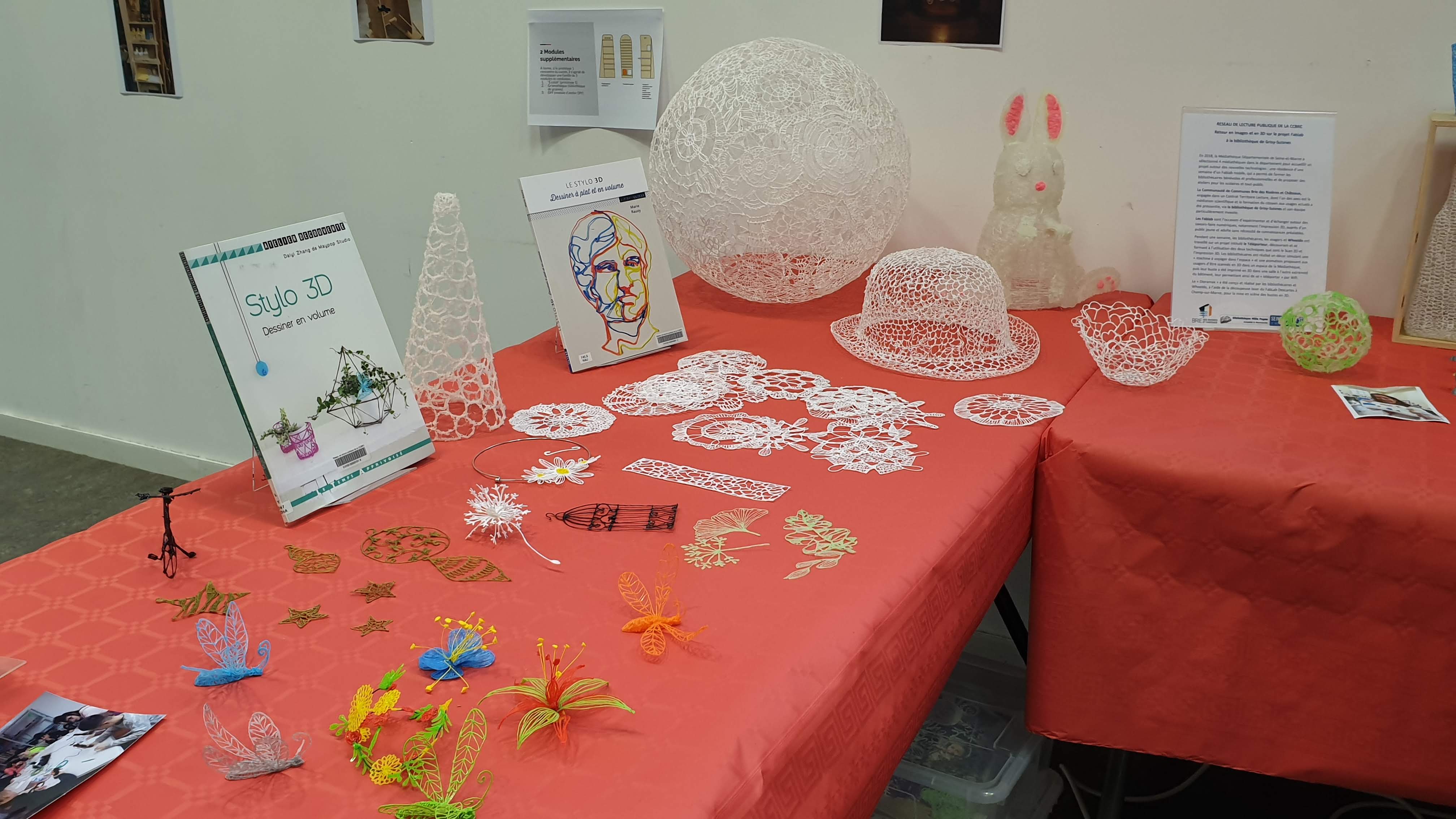 table de présentation avec des objets réalisés au stylo 3D (fleurs, insectes, chapeaux) et des livres sur les stylos 3d
